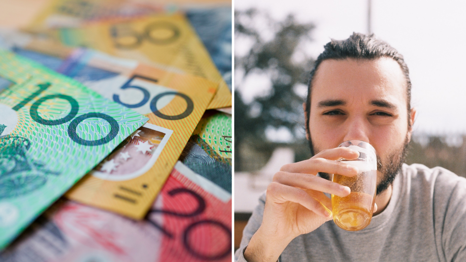 Pictured: Australian beer drinker and Australian cash. Images: Getty