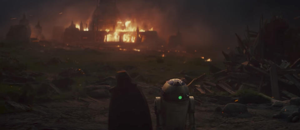 Luke and R2-D2 witness the destruction of what we believe to be the temple for his new Jedi Order. (Photo: Lucasfilm)