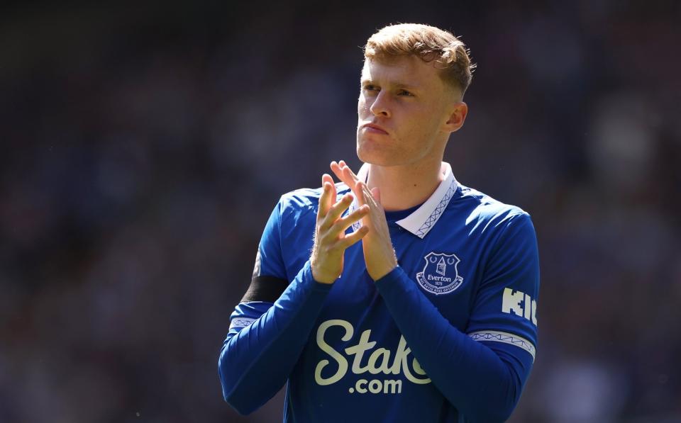 Jarrad Branthwaite applauds the fans after their win over Sheffield United at Goodison Park