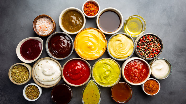 Array of sauces and seasonings