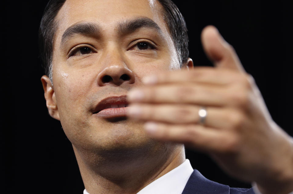 Former Housing and Urban Development Secretary and Democratic presidential candidate Julian Castro speaks at a Service Employees International Union forum on labor issues, Saturday, April 27, 2019, in Las Vegas. (AP Photo/John Locher)