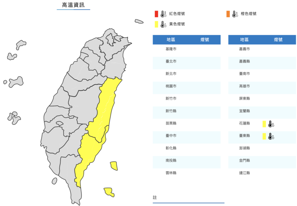 中央氣象局對花東2地發布高溫警報。（翻攝自中央氣象局）