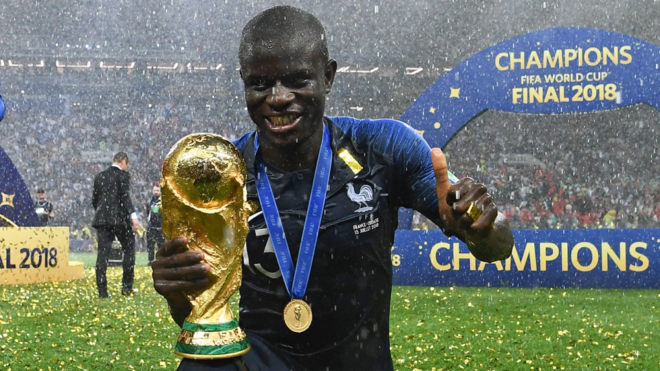 N’Golo Kante gets his photo with the World Cup trophy. Pic: Getty