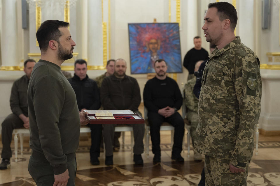 In this photo provided by the Ukrainian Presidential Press Office, Ukrainian President Volodymyr Zelenskyy, left, award Gen. Kyrylo Budanov, Ukraine's military intelligence chief, during an awarding ceremony in Kyiv, Ukraine, Friday, Feb. 9, 2024. (Ukrainian Presidential Press Office via AP)