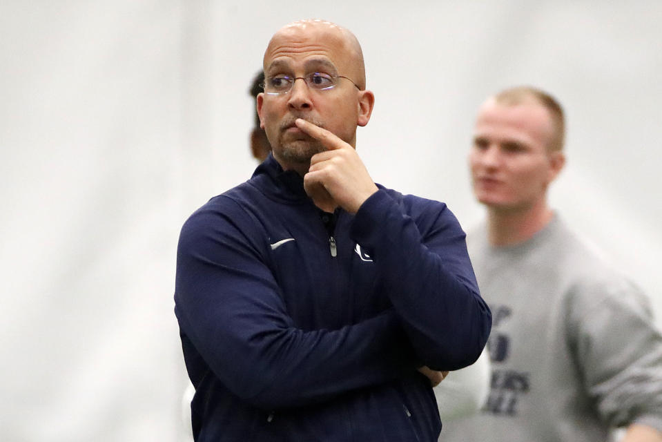 Penn State head football coach James Franklin watches during Penn State Pro Day in State College, Pa., Tuesday, March 20, 2018. (AP Photo/Gene J. Puskar)