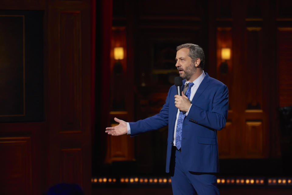 Apatow in his element on the standup stage in <em>Judd Apatow: The Return</em> (Photo: Netflix)