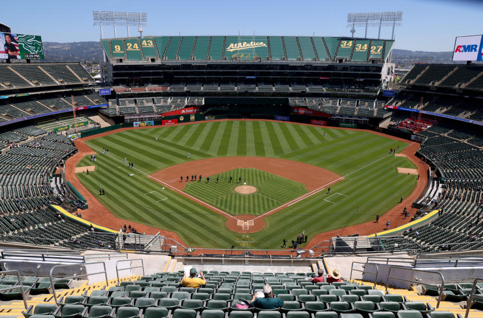 OAKLAND, CALIFORNIA - MAY 17: A view of the field before the Oakland Athletics MLB game against the Arizona Diamondbacks at the Coliseum in Oakland, Calif., on Wednesday, May 17, 2023. Attendance has been at an all-time low this year with the teams possible move to Las Vegas. (Jane Tyska/Digital First Media/East Bay Times via Getty Images)