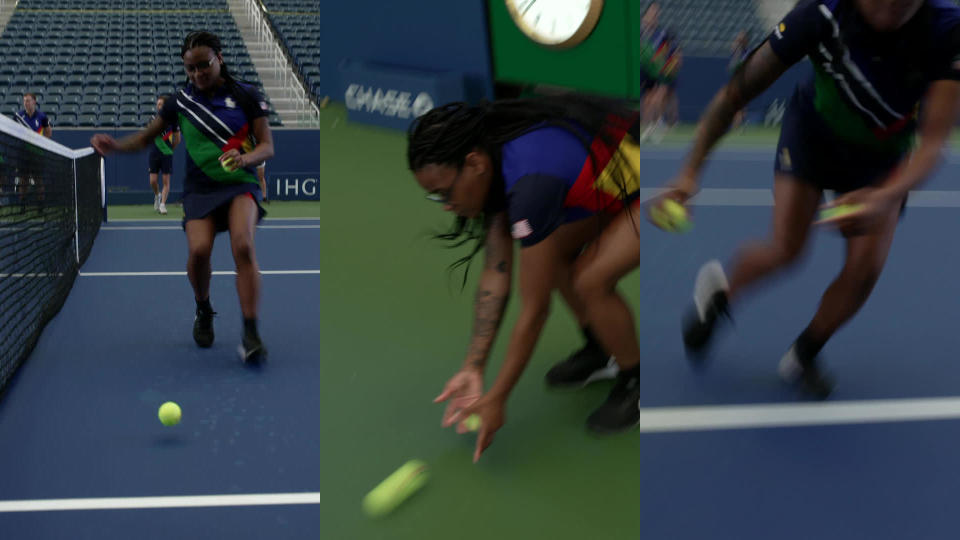 Laray Fowler shows her speed and agility as a tennis ball person.  / Credit: CBS News