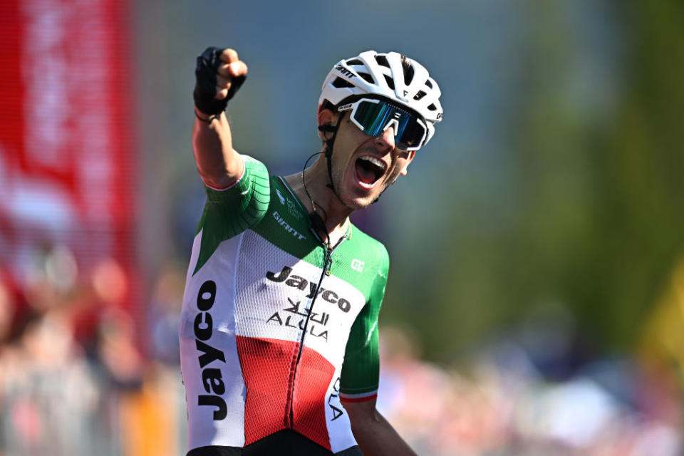 VAL DI ZOLDO  PALAFAVERA ITALY  MAY 25 Filippo Zana of Italy and Team Jayco AlUla celebrates at finish line as stage winner during the 106th Giro dItalia 2023 Stage 18 a 161km stage from Oderzo to Val di Zoldo  Palafavera 1514m  UCIWT  on May 25 2023 in Val di Zoldo  Palafavera Italy Photo by Stuart FranklinGetty Images