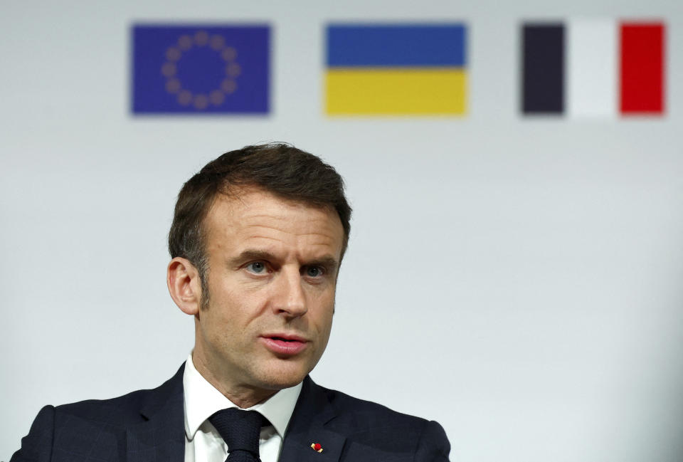 French President Emmanuel Macron speaks during a press conference at the Elysee Palace in Paris, Monday, Feb. 26, 2024. More than 20 European heads of state and government and other Western officials are gathering in a show of unity for Ukraine, signaling to Russia that their support for Kyiv isn't wavering as the full-scale invasion grinds into a third year. (Gonzalo Fuentes/Pool via AP)