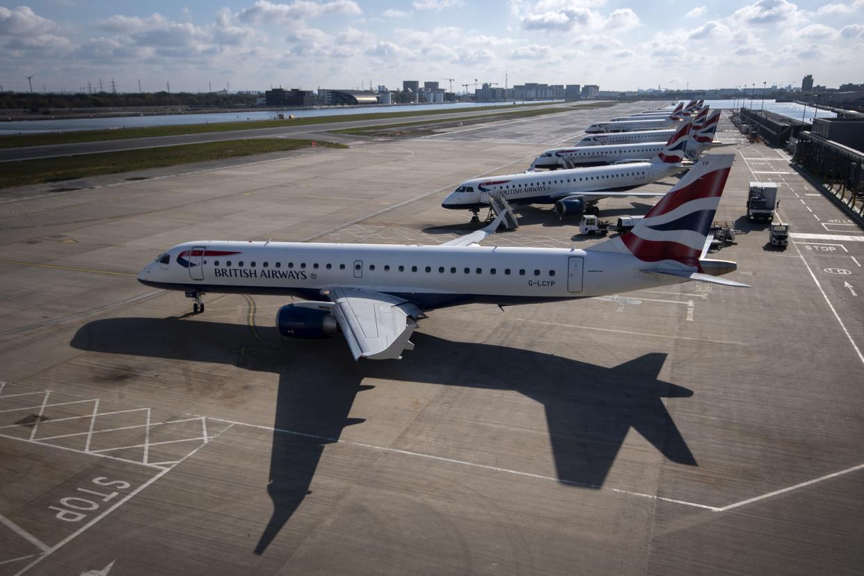 A line of British Airways planes at London City Airport,, April 2021