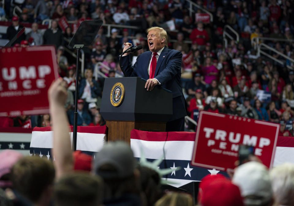 FILE - In this March 2, 2020, file photo, President Donald Trump speaks during a campaign rally at Bojangles Coliseum in Charlotte, N.C. Google said state-based hackers have targeted the campaigns of both Trump and former Vice President Joe Biden, although it saw no evidence that the phishing attempts were successful. The company confirmed the findings after the director of its Threat Analysis Group, Shane Huntley, disclosed the attempts Thursday, June 4, 2020, on Twitter. (AP Photo/Evan Vucci, File)