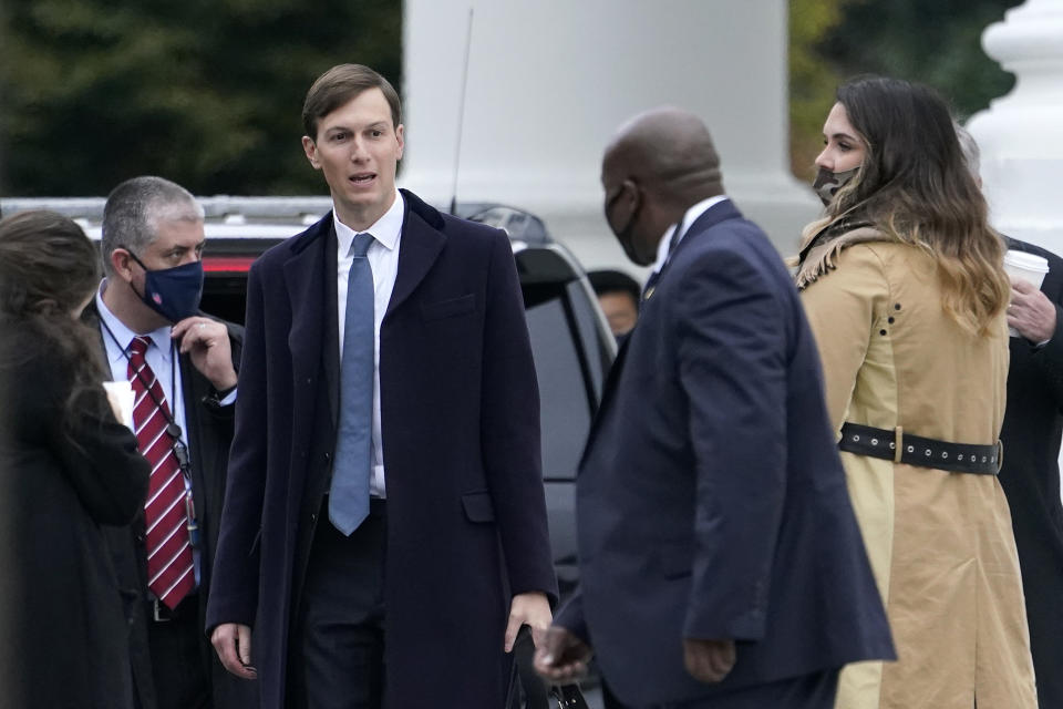 President Donald Trump's White House Senior Adviser Jared Kushner walks to a motorcade vehicle outside the White House, Monday, Oct. 26, 2020, in Washington, before departing with Trump for campaign events in Pennsylvania. (AP Photo/Patrick Semansky)