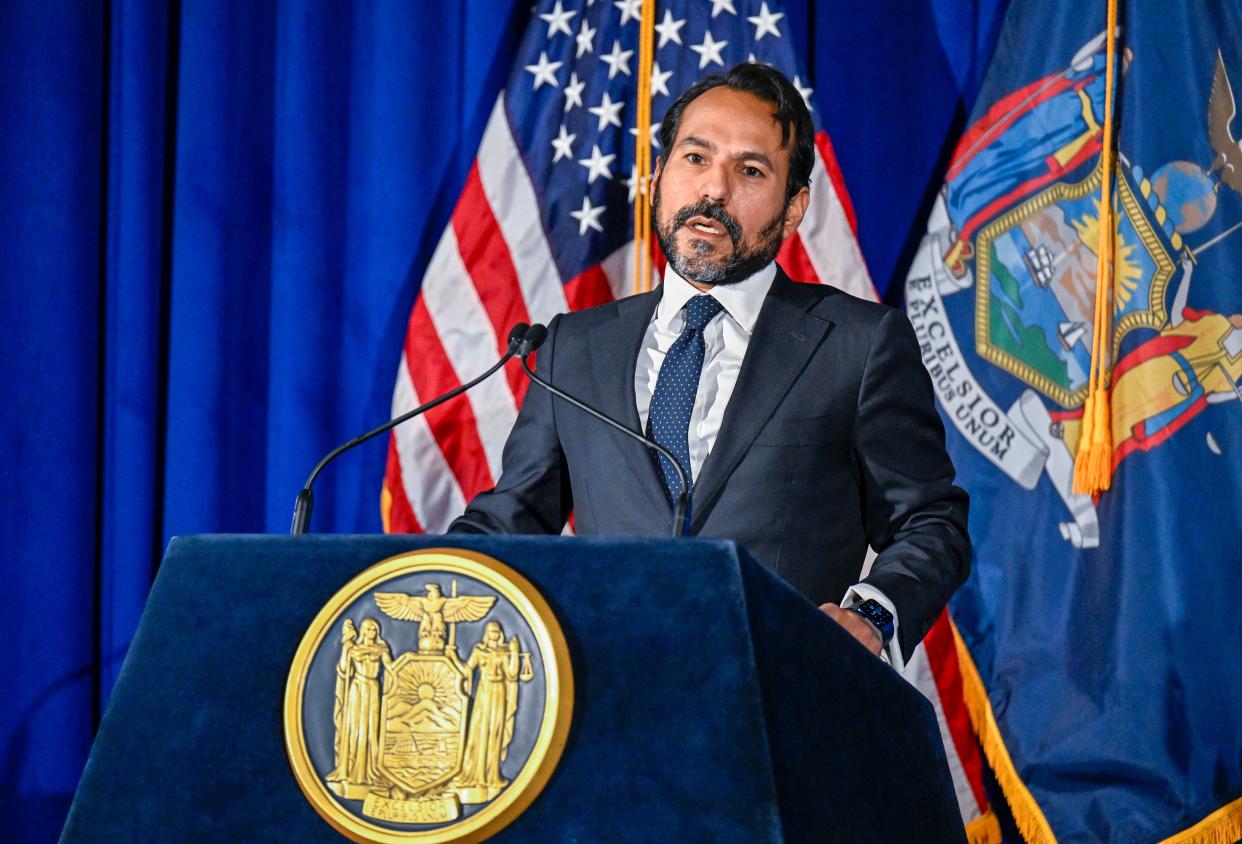 Robert Mujica, budget director of the State of New York, answers questions during a news conference at the state Capitol, Tuesday, Jan. 18, 2022, in Albany, N.Y. 