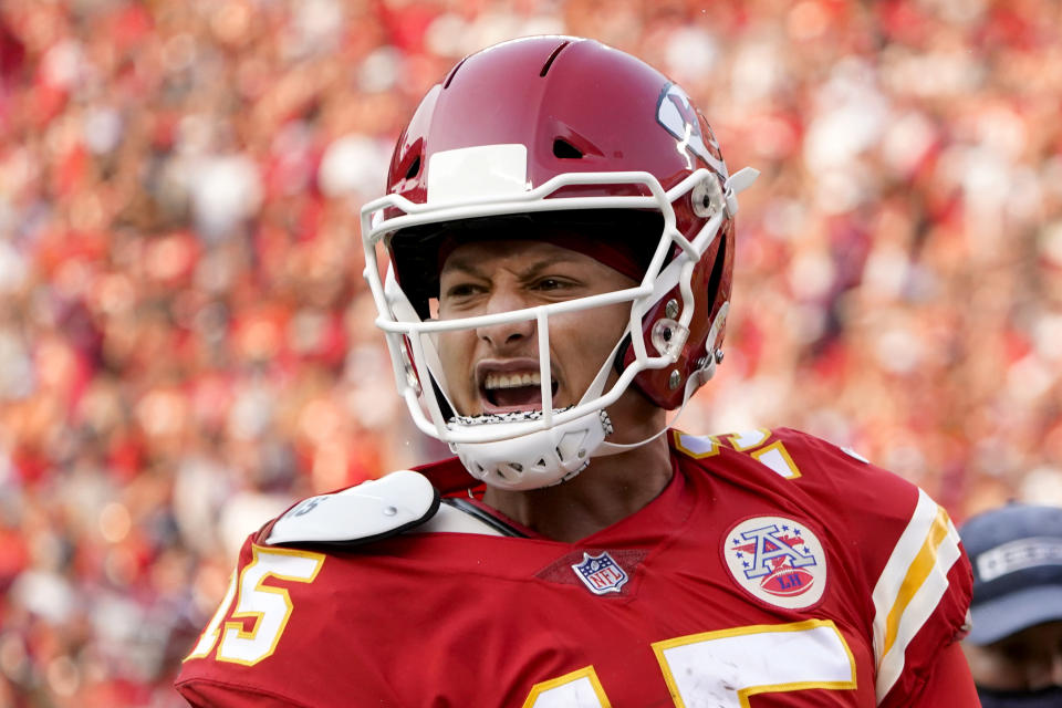 Kansas City Chiefs quarterback Patrick Mahomes celebrates after throwing a touchdown pass during the second half of an NFL football game against the Cleveland Browns Sunday, Sept. 12, 2021, in Kansas City, Mo. (AP Photo/Ed Zurga)