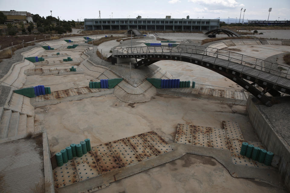 The abandoned Canoe and Kayak Slalom Centre where&nbsp;competitions were held during the Athens 2004 Olympic Games is seen at the Hellenikon complex south of Athens, July 2014.