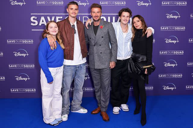 <p>avid M. Benett/Dave Benett/Getty Images for Disney+</p> (L-R) Harper Beckham, Romeo Beckham, David Beckham, Cruz Beckham and Victoria Beckham