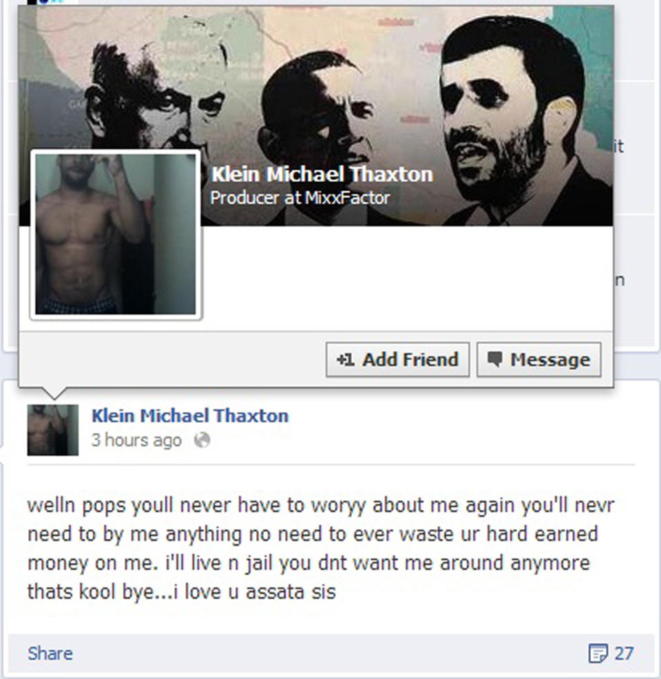 A posting from the Facebook page of Klein Michael Thaxton is shown along with his cover photo. According to police, Thaxton, who is armed, took a hostage inside a downtown Pittsburgh office building Friday Sept 21, 2012 and posted Facebook updates, like the one shown, before his profile page was shut down. Thaxton wrote on Facebook that people will "never have to woryy (sic) about me again" after he took a man hostage inside the office of a benefits administration firm on the 16th floor of Three Gateway Center. (AP Photo)