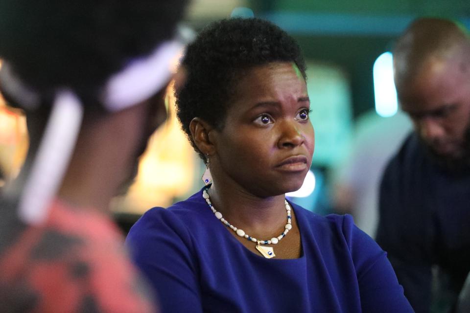 Buffalo Mayoral candidate India Walton, who beat the Democratic incumbent Byron Brown, listens as Kareema Morris talks to her at Walton's meet the candidate event at Zone One Complex on East Amherst Street, Buffalo on July 6, 2021. 