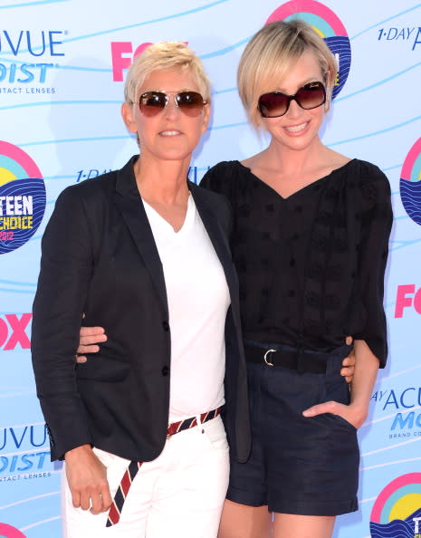 TV Personality Ellen DeGeneres and actress Portia de Rossi arrive at the 2012 Teen Choice Awards at Gibson Amphitheatre on July 22, 2012 in Universal City, California. (Photo by Jason Merritt/Getty Images)