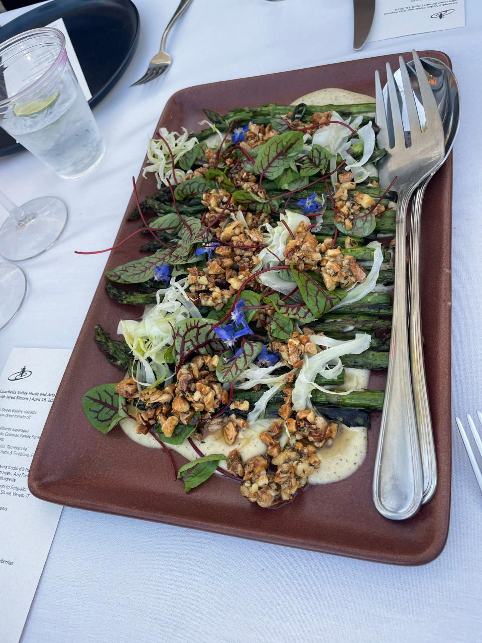 Grilled California asparagus with tonnato, Coleman Family Farms fennel and thyme pesto was on the menu during Sunday's Outstanding in the Field dinner.