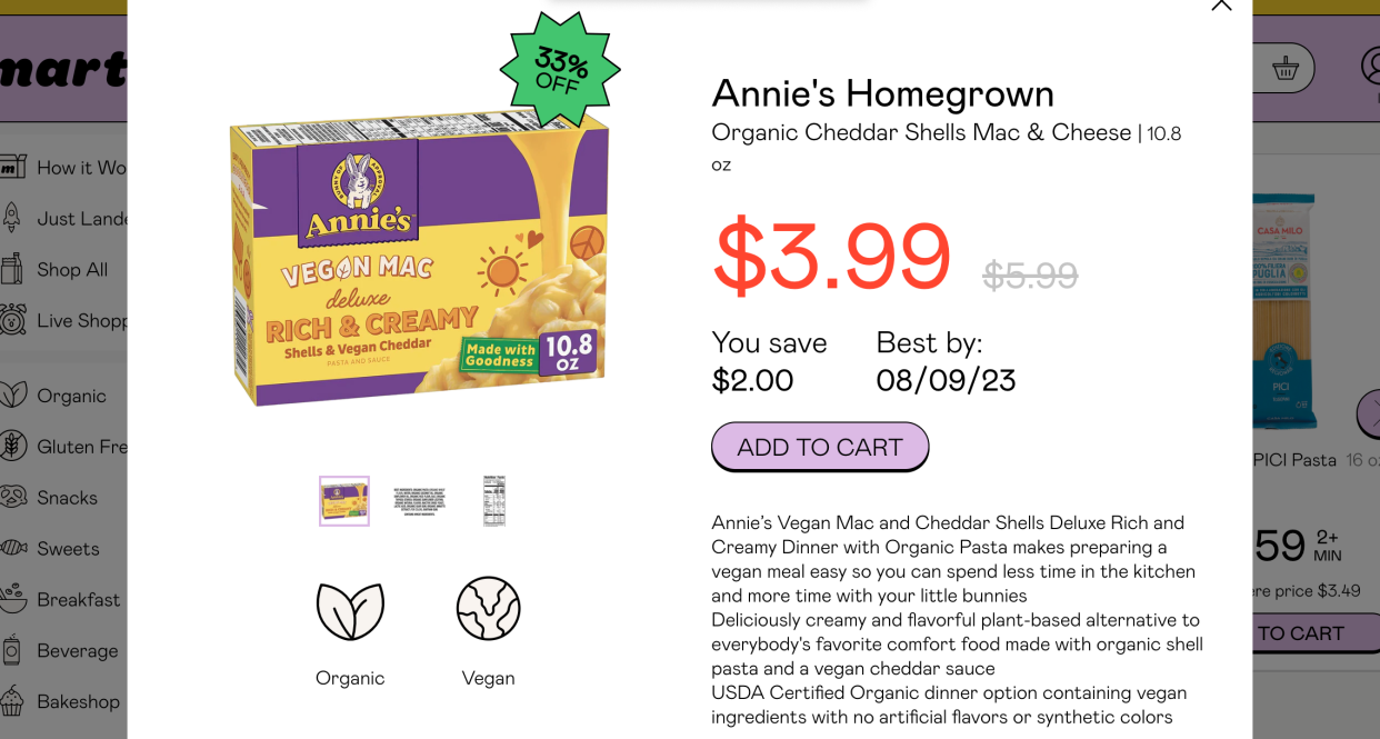 screen shot of Annie's Homegrown Vegan Mac and Cheese on Martie site