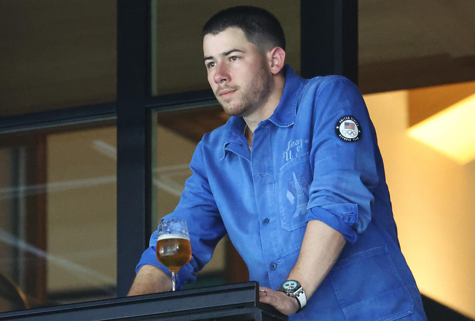 Nick Jonas attends the Women's Artistic Gymnastics Qualifiers during day two of the 2024 Paris Olympic Games at the Bercy Arena in Paris, France on July 28, 2024. (Photo by Arturo Holmes/Getty Images)