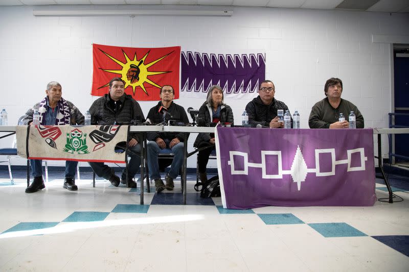 First Nations members of the Tyendinaga Mohawk Territory and Wet'suwet'en Nation speak at a news conference at the Mohawk Community Centre in Tyendinaga