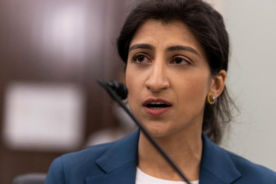 FTC Commissioner nominee Lina M. Khan testifies during a Senate Commerce, Science, and Transportation Committee hearing on the nomination of Former Senator Bill Nelson to be NASA administrator, on Capitol Hill in Washington, U.S., April 21, 2021. Graeme Jennings/Pool via REUTERS
