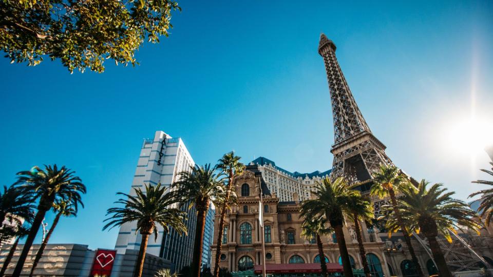 Paris Casino Eiffel Tower over water along The Strip in Las Vegas, Nevada