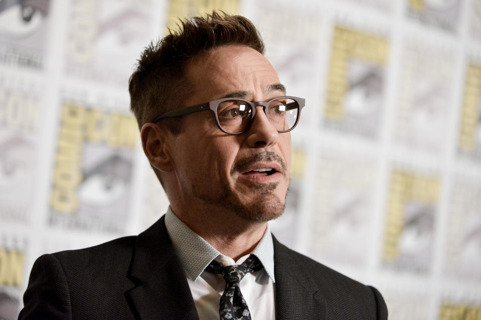 Robert Downey Jr. attends the Marvel press line on day 3 of Comic-Con International on Saturday, July 26, 2014, in San Diego. (Photo by Richard Shotwell/Invision/AP)