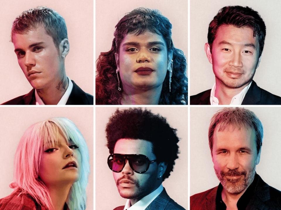 Top row, from left: Justin Bieber, Bilal Baig, Simu Liu, Tracey Deer. Bottom row, from left: Jessia, The Weeknd, Denis Villeneuve, Sasha Raddock. (Evan Agostini/The Canadian Press/Invision/AP, Chris Young/The Canadian Press, George Pimentel/The Canadian Press, Dory Chamoun, Riley Stewart, Richard Shotwell/The Canadian Press/Invision/AP, Chris Young/The Canadian Press, Noam Galai/Stringer/Getty)  (Photo illustration/CBC - image credit)