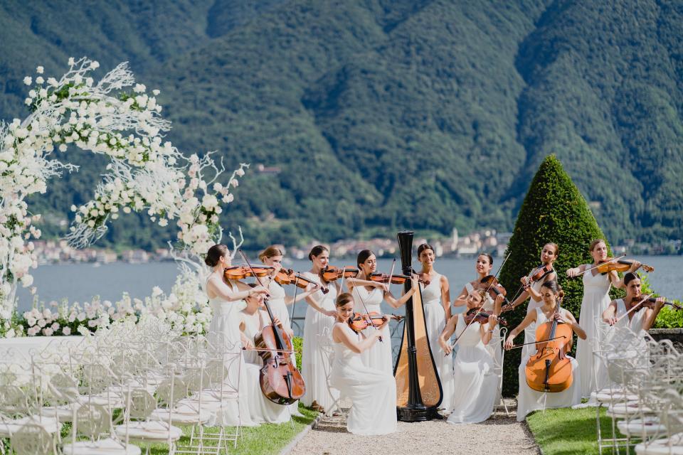 Giorgia Gabriele Wore a Custom Off-White Wedding Dress With a 26-Foot Train to Her Ceremony on Lake Como