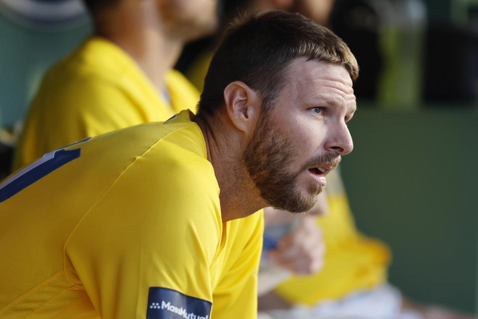 Boston Red Sox's Chris Sale sits in the dugout after pitching during the first inning of a baseball game against the Detroit Tigers, Friday, Aug. 11, 2023, in Boston. (AP Photo/Michael Dwyer)