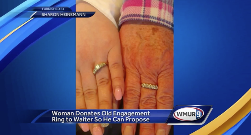 A grandmother named Sharon Heinemann gave her engagement ring to a waiter who couldn’t afford one for his girlfriend. (Photo: WMUR)