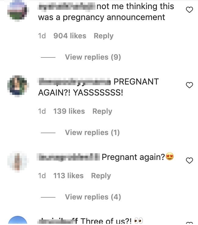 Comments that say "Pregnant again?" and "not me thinking this was a pregnancy announcement"