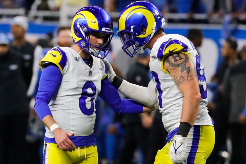 Rams kicker Brett Maher is congratulated by linebacker Michael Hoecht after kicking a field goal.