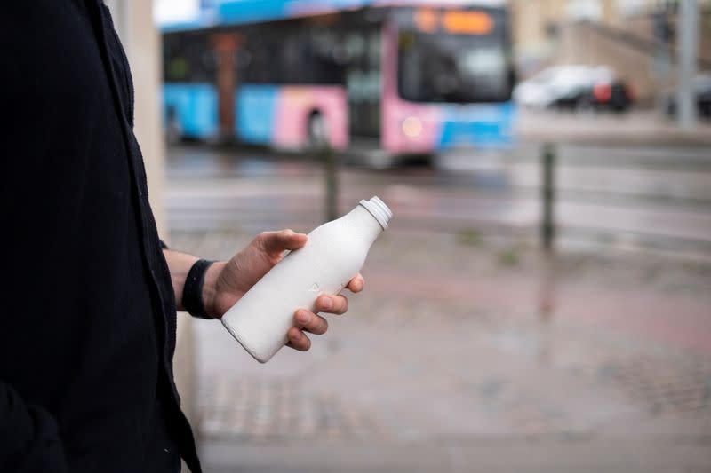 A bottle made out of pulp fibre is seen in this undated handout photo