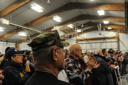 Veterans attend a Sioux tribal welcome meeting at Sitting Bull College as "water protectors" continue to demonstrate against plans to pass the Dakota Access pipeline near the Standing Rock Indian Reservation, in Fort Yates, North Dakota, U.S. December 3, 2016. REUTERS/Stephanie Keith