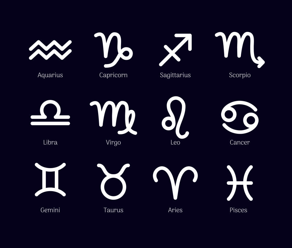 Zodiac signs set isolated on black background. Star signs for astrology horoscope. Zodiac line stylized symbols. Astrological calendar collection, horoscope constellation vector illustration.