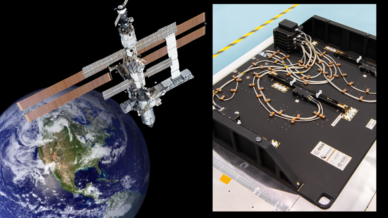  An illustration of the International Space Station over Earth on the left. On the right, a photo of the Multi-Needle Langmuir Probe  