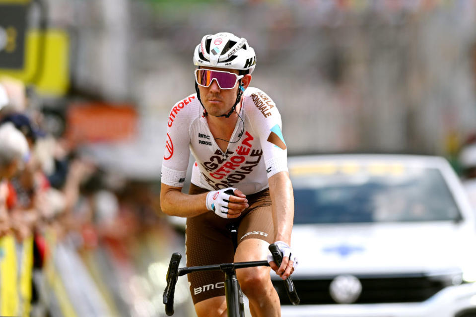 SALINSLESBAINS  JUNE 08 Ben Oconnor of Australia and AG2R Citron Team crosses the finish line during the 75th Criterium du Dauphine 2023 Stage 5 a 1911km stage from CormoranchesurSane to SalinslesBains  UCIWT  on June 08 2023 in SalinslesBains France Photo by Dario BelingheriGetty Images