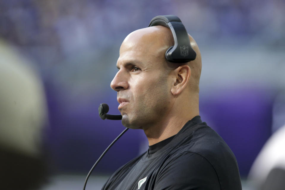 New York Jets head coach Robert Saleh watches from the sideline during the first half of an NFL football game against the Minnesota Vikings, Sunday, Dec. 4, 2022, in Minneapolis. (AP Photo/Andy Clayton-King)