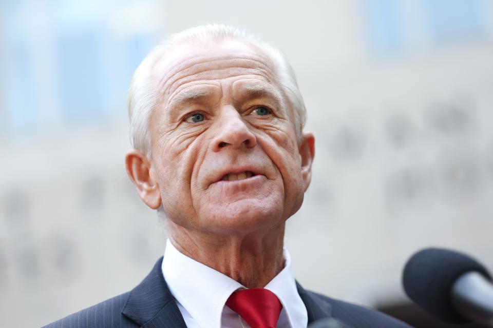 Peter Navarro, an advisor to former U.S. President Donald Trump, speaks to reporters as he arrives at the E. Barrett Prettyman Courthouse on September 07, 2023 in Washington, DC. The jury is expected to begin deliberating today in Navarro's contempt of Congress case for failing to comply with a congressional subpoena from the House January 6 Committee.