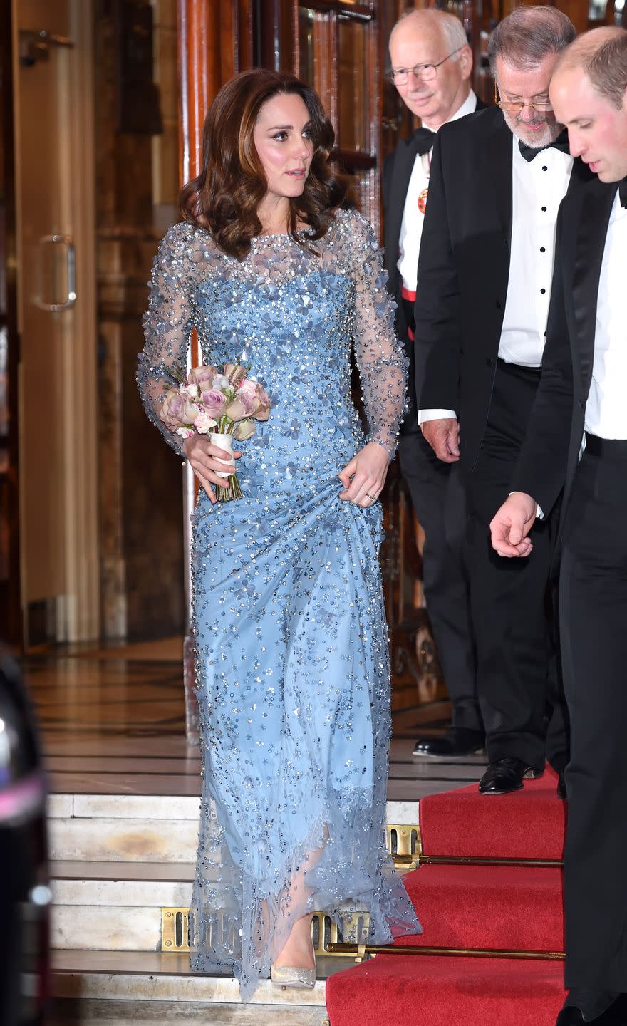 <p>Middleton wore a baby blue embellished Jenny Packham gown at the Royal Variety Performance at the Palladium Theatre in London.</p>