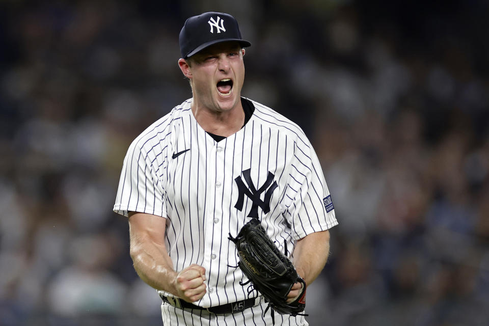 New York Yankees pitcher Gerrit Cole reacts after striking out the Detroit Tigers during the sixth inning of a baseball game Tuesday, Sept. 5, 2023, in New York. (AP Photo/Adam Hunger)