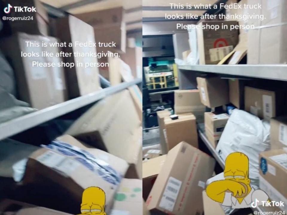 FedEx delivery driver urges people to shop ‘in person’ while showing truck full of packages (TikTok / @rogerruiz24)
