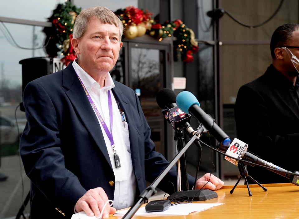 Knox Andress, coordinator for hospitals in Louisiana's Region 7, speaks on December 31, 2021 for a press conference about COVID at Government Plaza. 