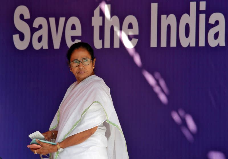 FILE PHOTO: Mamata Banerjee, Chief Minister of the state of West Bengal, looks on during a sit-in in Kolkata