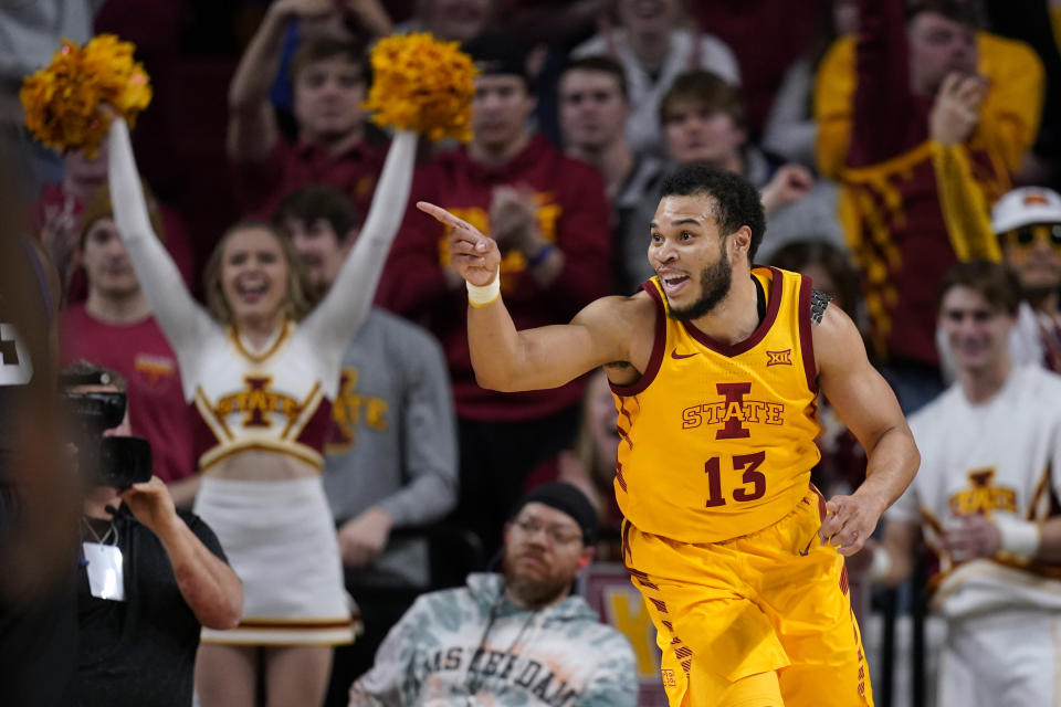 Iowa State guard Jaren Holmes celebrates after making a basket during the second half of an NCAA college basketball game against TCU, Wednesday, Feb. 15, 2023, in Ames, Iowa. Iowa State won 70-59. (AP Photo/Charlie Neibergall)